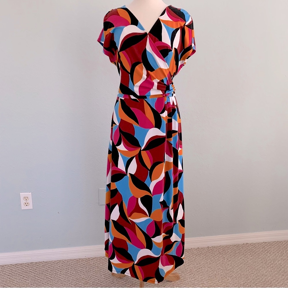 Lands' End Retro Geometric Wrap Maxi Dress in Pink, Blue, Black, Orange, White